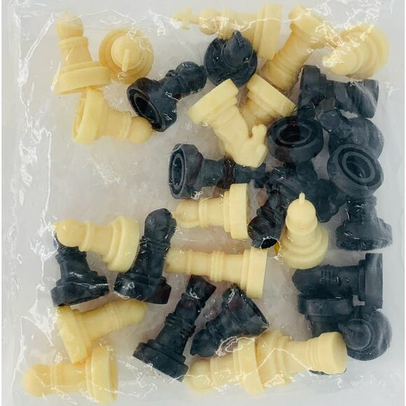 Chess Board Game Pieces Only Mini Small Beige Black Plasitc .75" x .5" D NIP - Picture 4 of 5